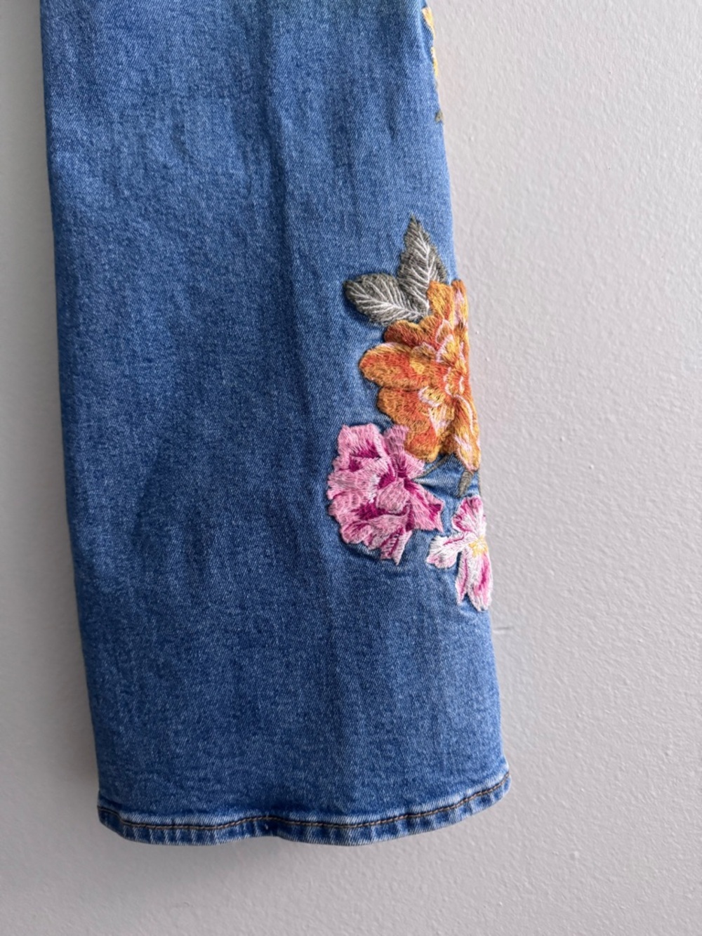 DRIFTWOOD Blue Boot Cut Jeans with Pink & Gold Floral Embroidery - Picture 8 of 13
